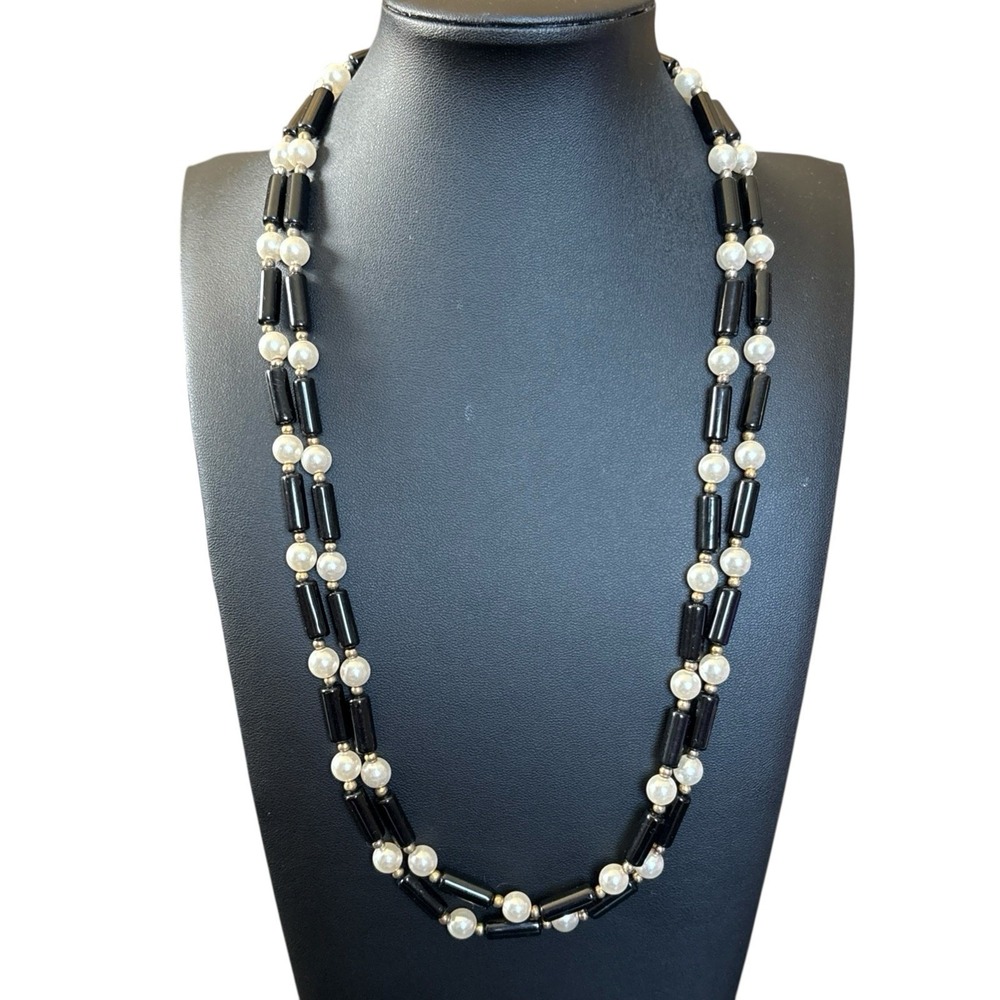Necklace Black White Faux Pearl Gold Tone Beads Double Strand Vintage Lucite
